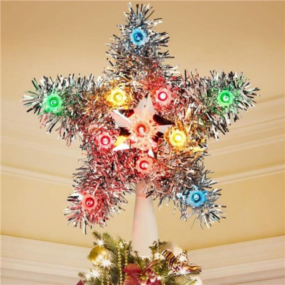 Tinsel Wreath Tree Topper 10 Mini Lights, 8” Colorful Star Christmas Tree Top 🆕